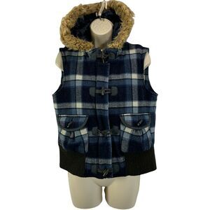 Old Navy Womens Fur Hoodie Vest Jacket Blue Size Medium Plaid Pockets